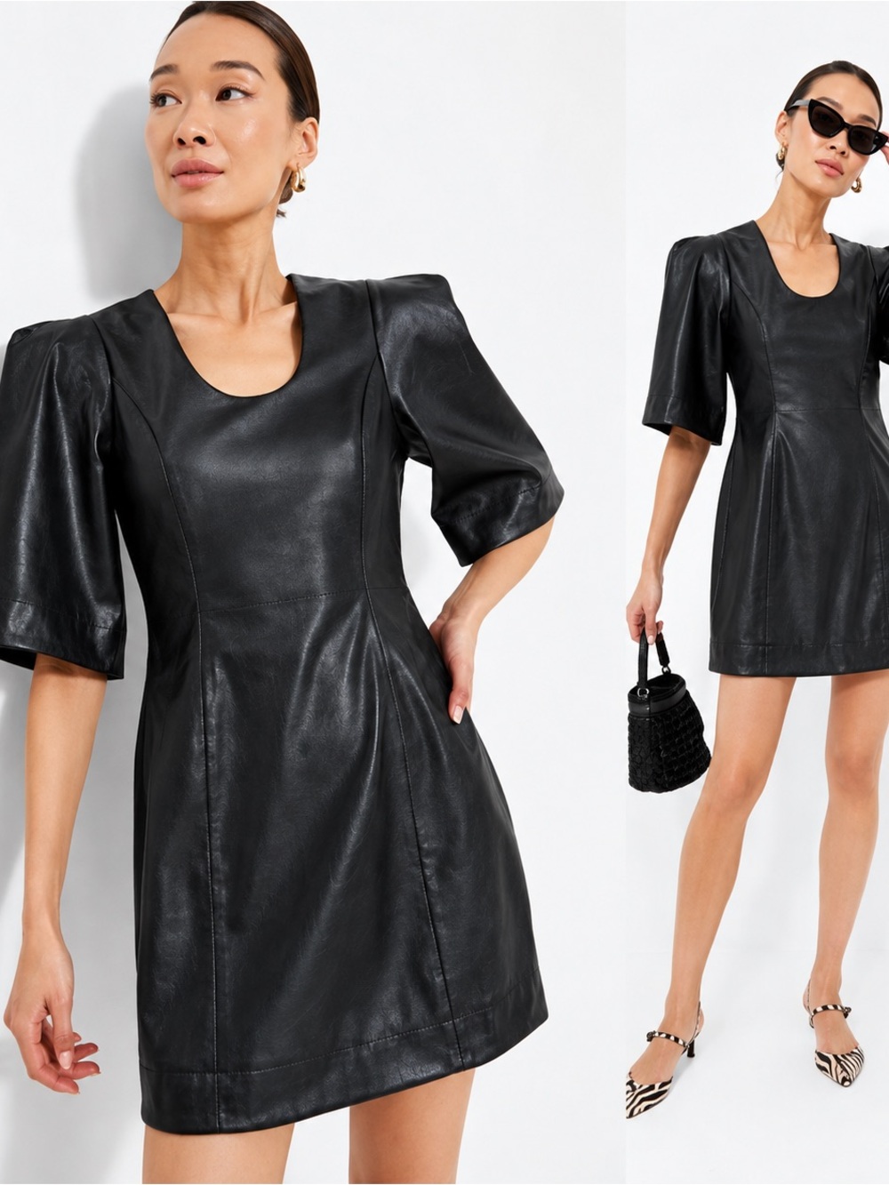 Tuckernuck Ariella Black Faux Leather Puff-Sleeve Mini Dress